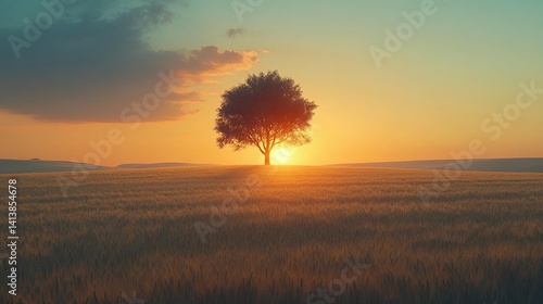 Sunset Solitude: Tree in Golden Field