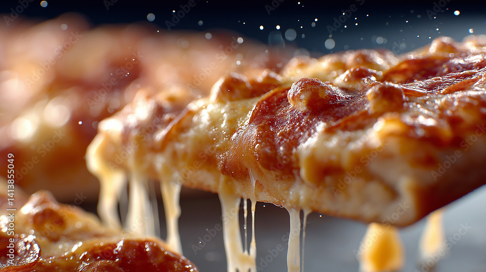 Nahaufnahme eines Pizzastücks mit geschmolzenem Käse, der in langen Fäden gezogen wird, auf dunklem Hintergrund