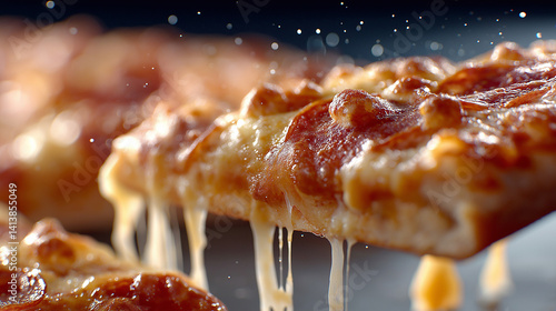 Obraz na płótnie Nahaufnahme eines Pizzastücks mit geschmolzenem Käse, der in langen Fäden gezogen wird, auf dunklem Hintergrund w salonie