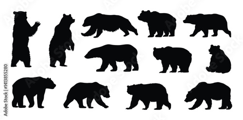 bear silhouettes set, bear standing, walking, running, sitting silhouette vector