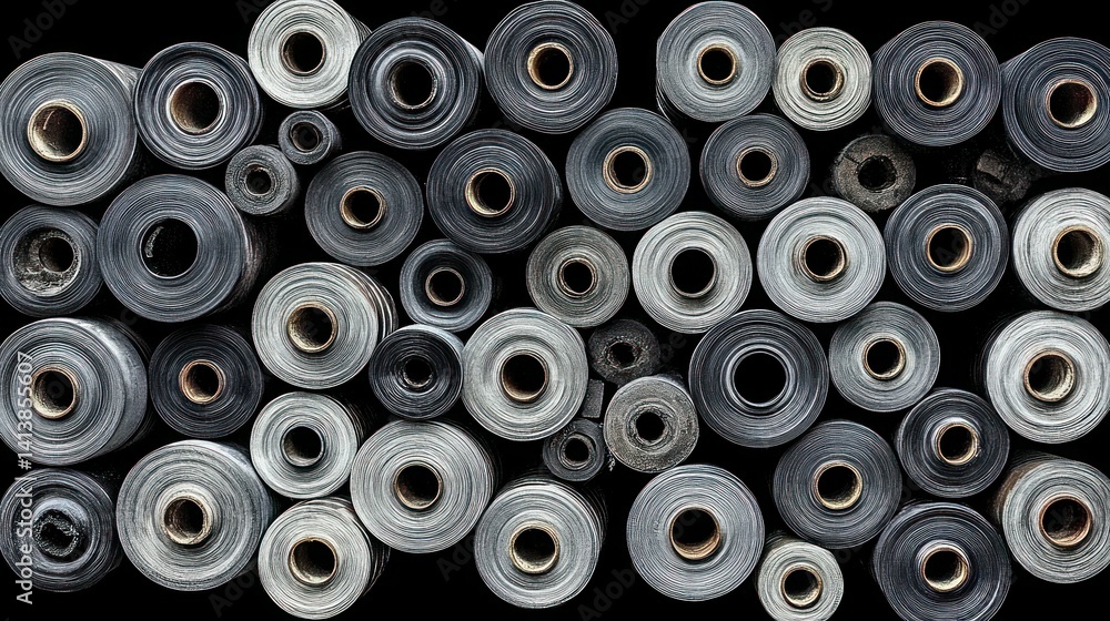 Rolled fabric or plastic sheets in various shades of grey and black Rolled fabric or plastic sheets in various shades of grey and black