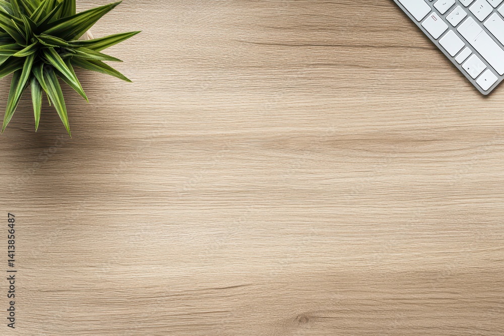 Light wood desk, plant, keyboard Light wood desk, plant, keyboard
