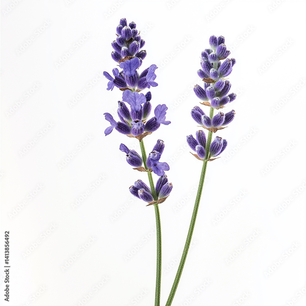 Naklejka premium Isolated purple lavender sprig on plain white background, perfect for floral, nature, and aromatic-themed designs, as well as wellness and botanical visuals.
