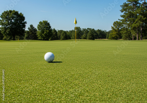 Golf ball on green fairway, surrounded by vibrant grass and distant trees under a clear blue sky, representing a peaceful day on the golf course.