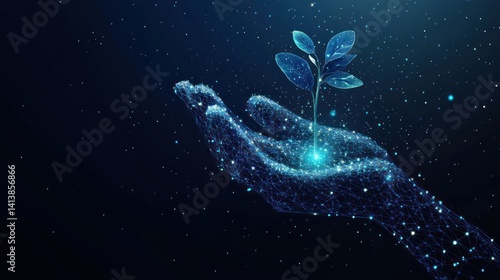 Digital hand holding sapling, glowing, dark space background, growth concept