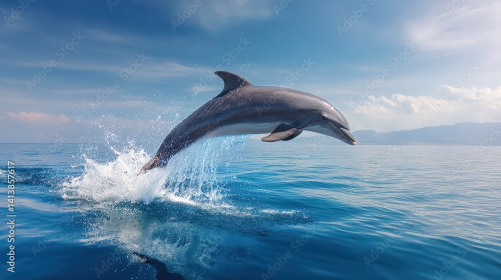 Obraz premium Majestic Dolphin Leaping from Ocean Water under a Sunny Sky A breathtaking wildlife image