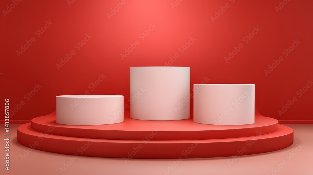 Red and White Cylindrical Product Display Stand Mockup Three Levels Minimalist Scene Red and White Cylindrical Product Display Stand Mockup Three Levels Minimalist Scene