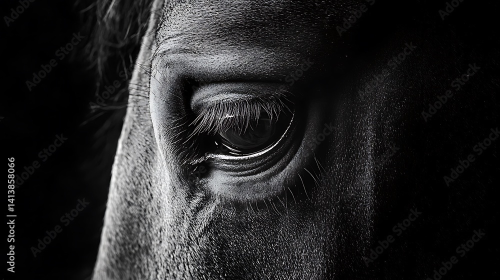Obraz premium Horse Eye Close-up in Black and White Detail Animal Portrait