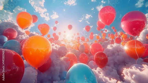 多くの風船が飛ぶ青い空 / Many Balloons Flying, Blue Sky Background1