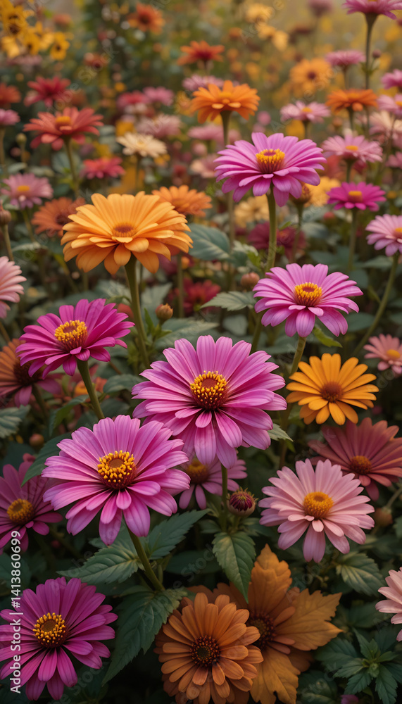 Fototapeta premium Vibrant pink orange flowers bloom softly lit field. AI Generated