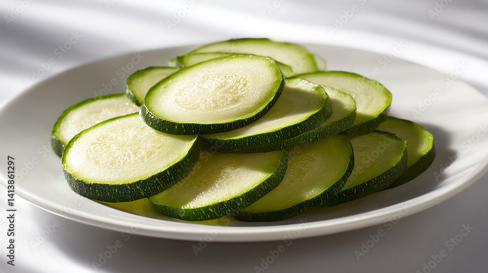 Zucchini slices on a white plate with soft shadows