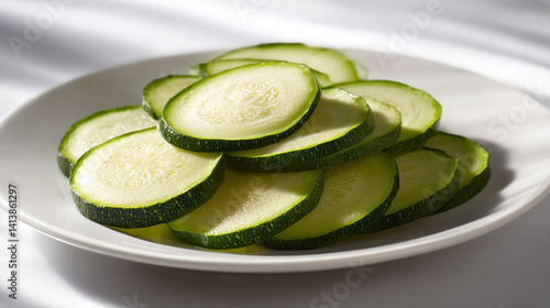 Obraz na płótnie Zucchini slices on a white plate with soft shadows w salonie