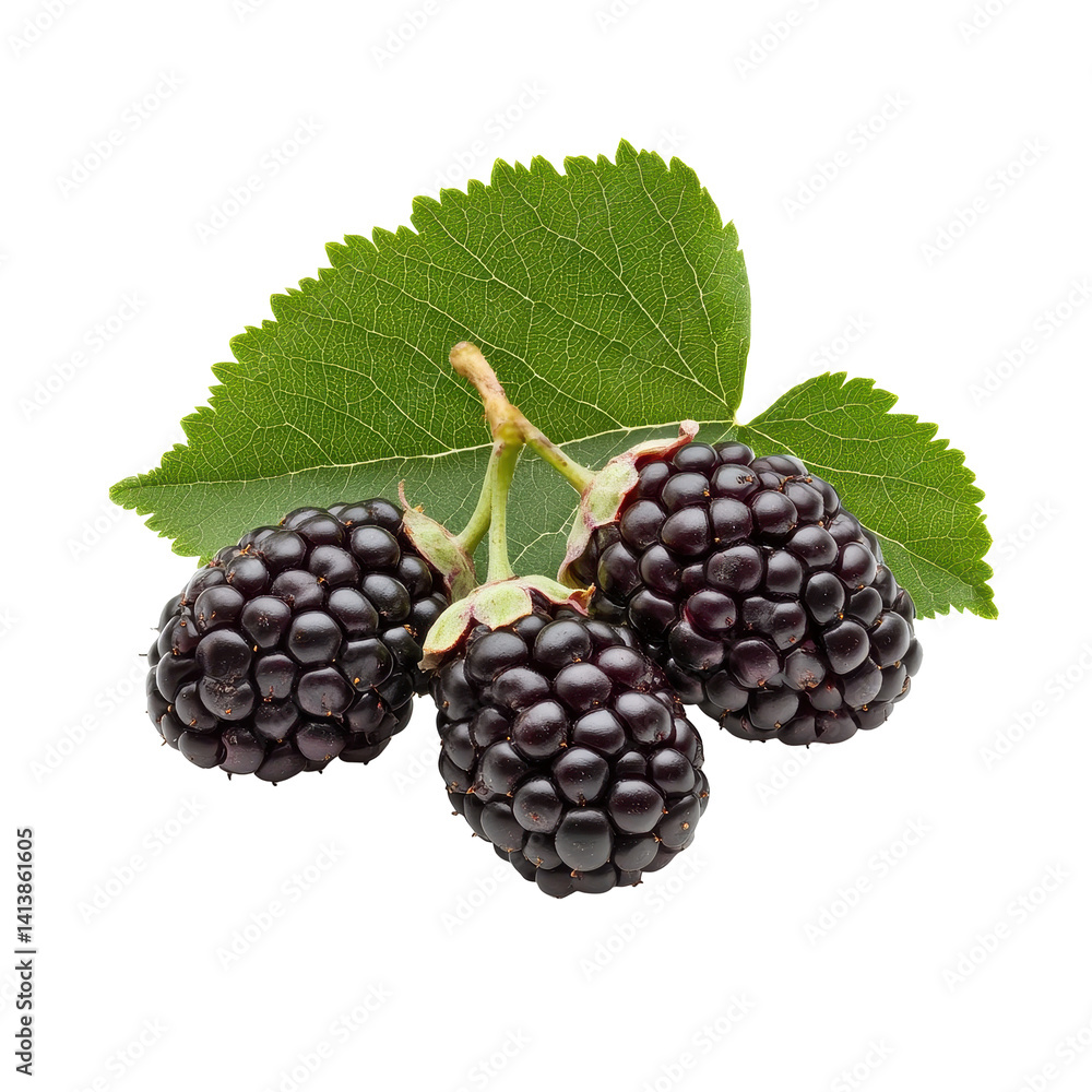 Fototapeta premium Mulberry berry with leaves displayed on a Transparent background showcasing its natural beauty, Mulberry berry isolated on PNG background