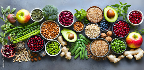 Colorful Flatlay of Healthy Foods Grains, Beans, Fruits, and Vegetables