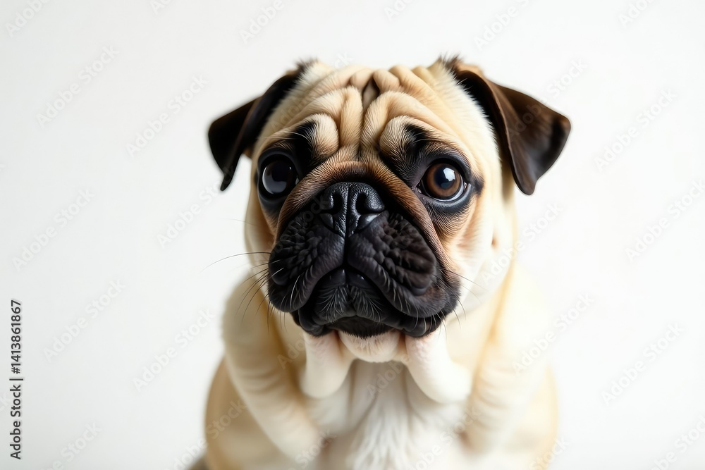 Charming pug looking directly at camera, pure white background, funny, canine photography, dog photography Charming pug looking directly at camera, pure white background, funny, canine photography, dog photography