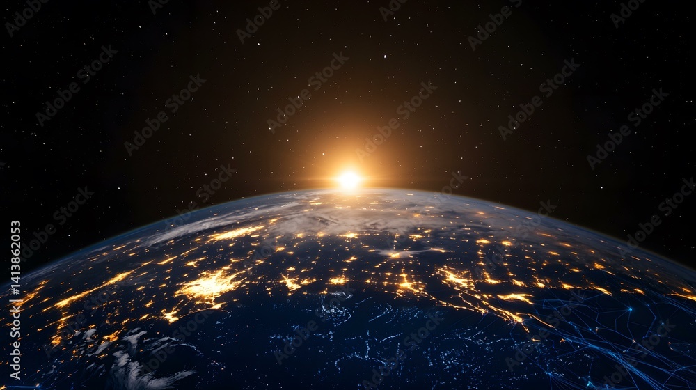 Obraz premium The image shows a view of Earth from space, during sunrise. City lights illuminate a portion of the planet, overlaid with a network of lines suggesting global communication and connectivity.