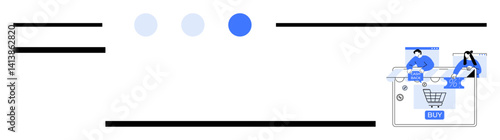 People interacting with a digital storefront, adding items to cart, and completing purchases. Ideal for e-commerce, technology, shopping, consumer behavior, marketing, digital tools flat simple