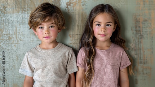 a photo of two young model kids boy and girl with blank white canvas t-shirts. 