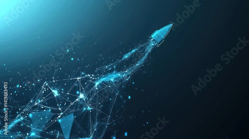Digital rocket launching, data stream background, innovation concept