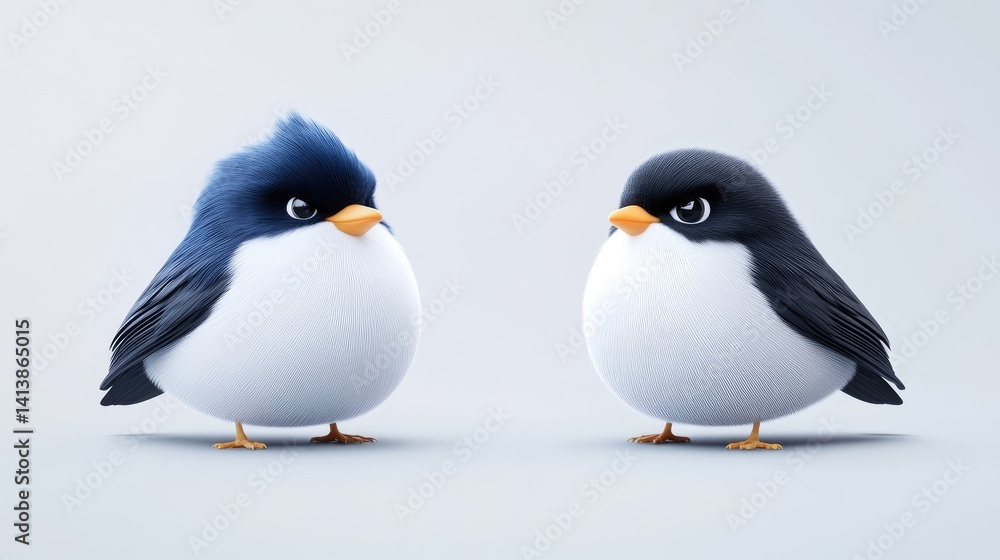 Obraz premium Two cartoon birds, one blue, one black, facing each other, with angry expressions. They are plump and fluffy, with detailed plumage