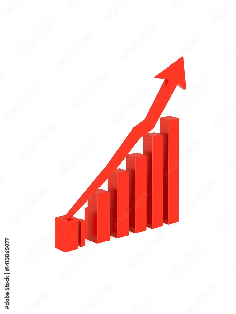 Red arrow with an increasing bar chart showing a trend upward Red arrow with an increasing bar chart showing a trend upward