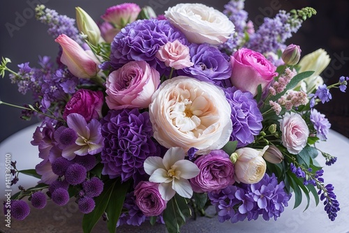 Exquisite Bouquet of Purple, Pink, and White Flowers with a Soft, Romantic Glow