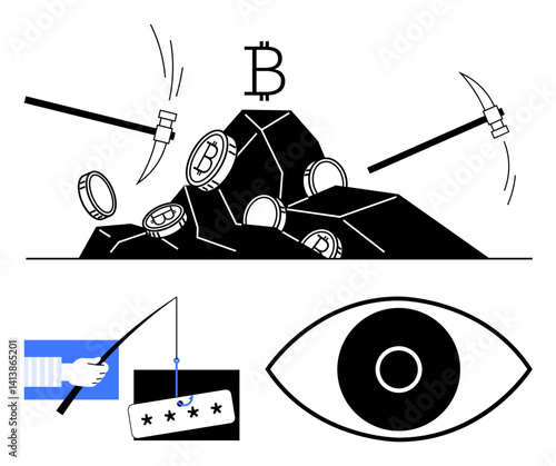 Mining cryptocurrency with pickaxes, phishing attempt using login data, monitoring with a large eye. Ideal for finance, technology, cybersecurity, crypto safety, data theft, risk analysis simple