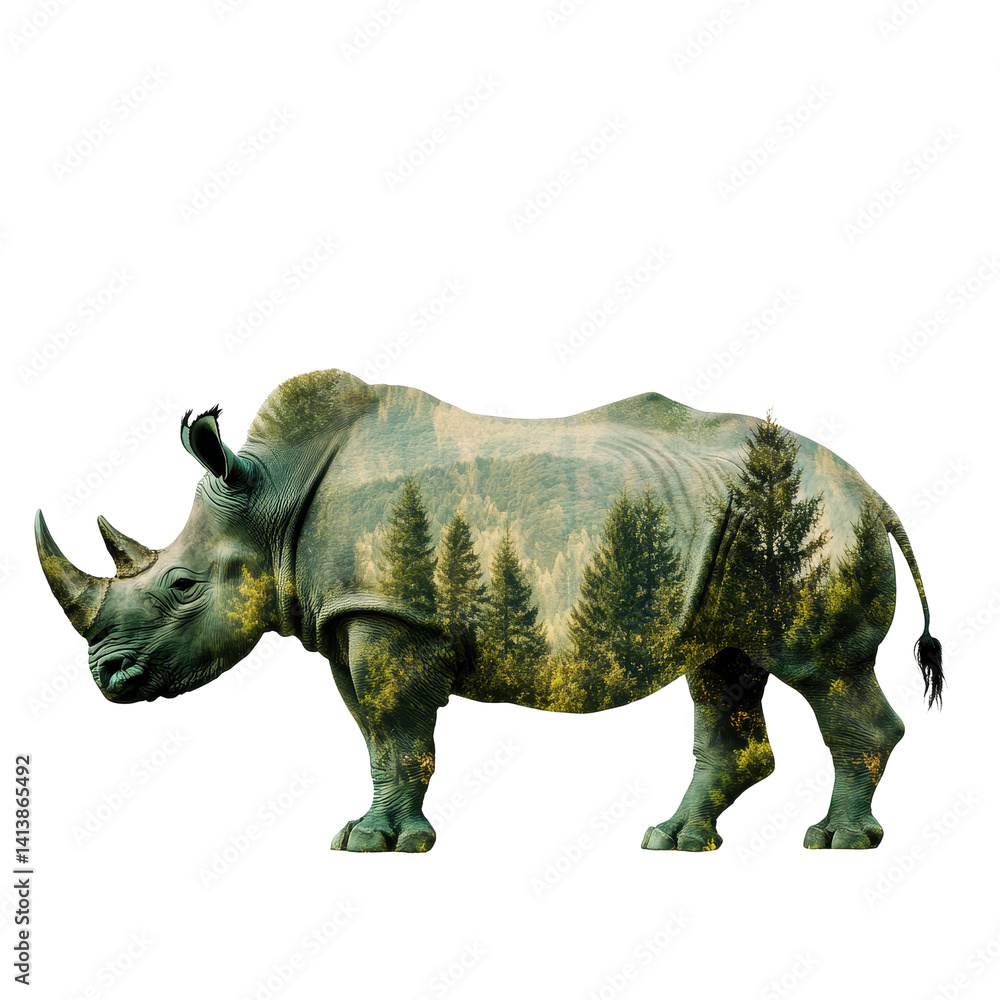Obraz premium Rhino and forest double exposure conveying nature s power and resilience, Rhino and forest double exposure, concept of power of the nature with White background