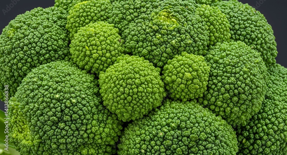 A detailed close-up showcases the intricate florets of a fresh, vibrant green broccoli head against a soft, neutral background A detailed close-up showcases the intricate florets of a fresh, vibrant green broccoli head against a soft, neutral background