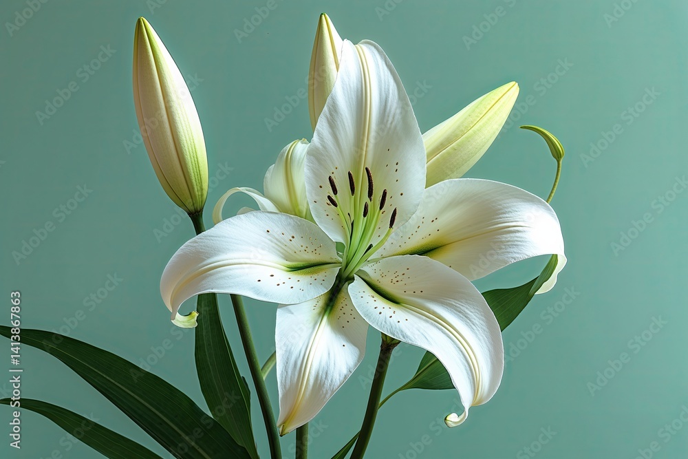 Fototapeta premium White Lily Flower on Serene Mint Green Background