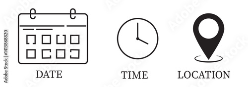 Date, Time, Location and Address icon set. Even elements vector design.