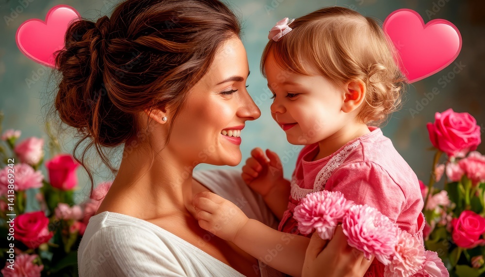 Mother hugging small daughter amid pink blossoms, expressing warm maternal bond during family celebration of motherhood and unconditional love Mother hugging small daughter amid pink blossoms, expressing warm maternal bond during family celebration of motherhood and unconditional love