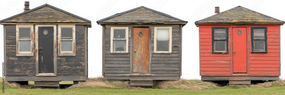 Three weathered small cabins Three weathered small cabins