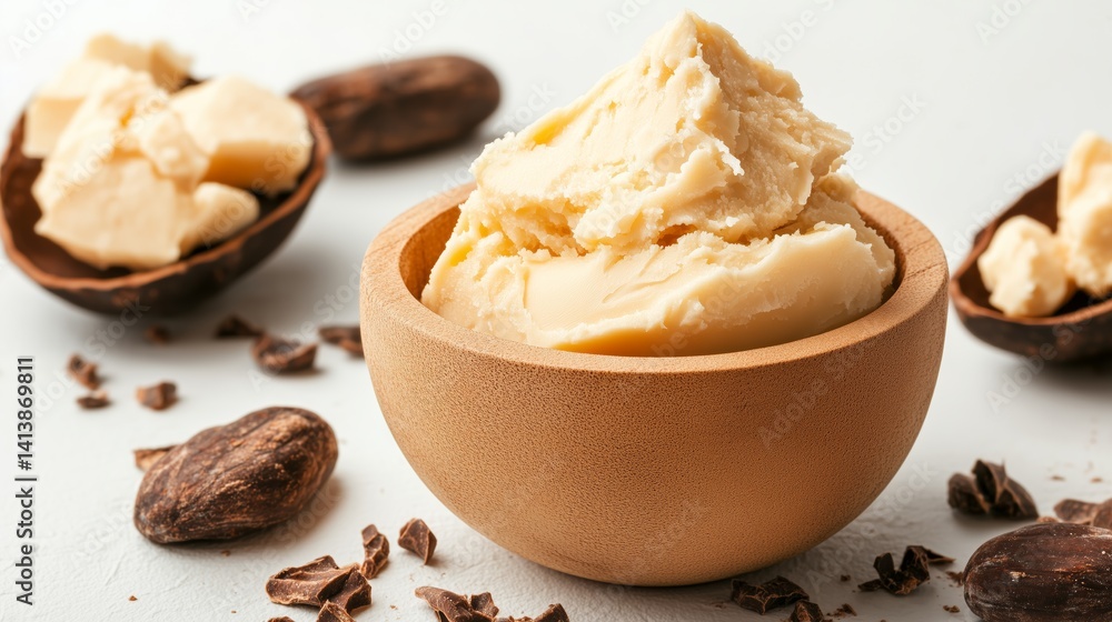 Shea butter with cocoa Creamy butter in a rustic bowl surrounded by cocoa elements. The fusion of two elements concept. Shea butter with cocoa Creamy butter in a rustic bowl surrounded by cocoa elements. The fusion of two elements concept.