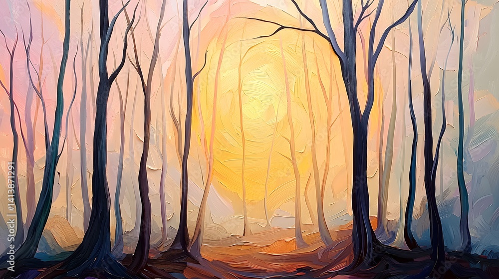 Naklejka premium Tranquil Autumn Forest Sunset Silhouetted Trees and Golden Light