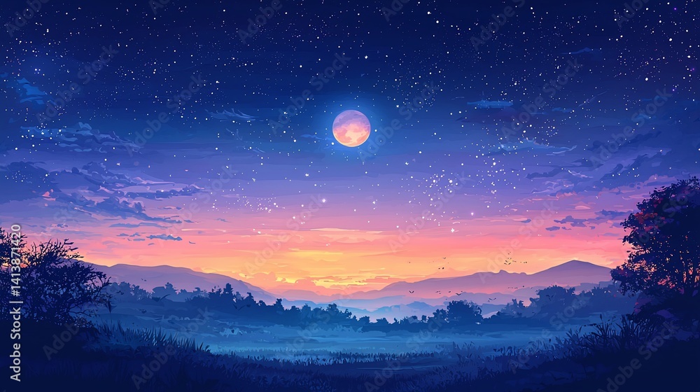 Fototapeta premium Night landscape A starry sky, full moon, and rolling hills in pink and blue