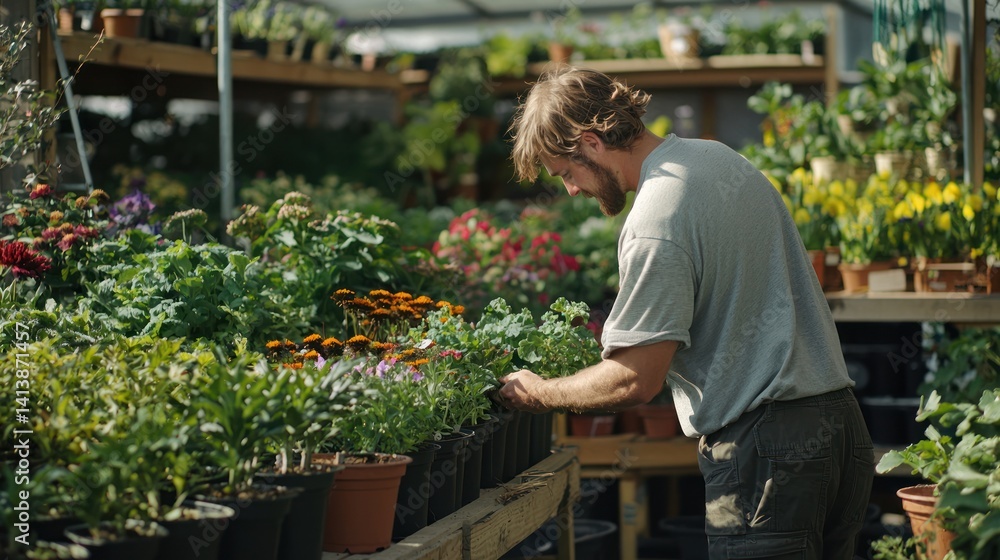 A nursery worker arranging potted plants and flowers in a retail garden space. A nursery worker arranging potted plants and flowers in a retail garden space.