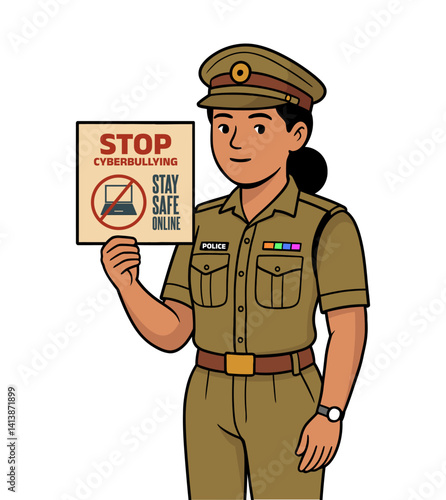 Vector illustration of an Indian female police officer holding a sign that says, "Stop Cyberbullying" and "Stay Safe Online," promoting digital safety and online awareness