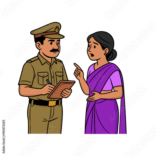 Vector illustration of an Indian police officer taking notes on a clipboard while a woman in a saree speaks emotionally, representing complaint registration and public assistance