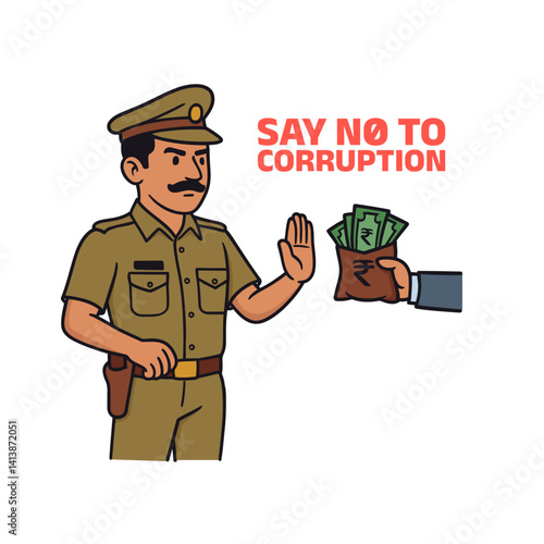 Vector illustration of an Indian police officer refusing a bribe with a raised hand next to a “Say No to Corruption” message, promoting integrity, honesty, and anti-corruption values