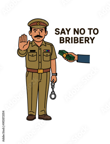 Vector illustration of an Indian police officer rejecting a bribe with a raised hand while holding handcuffs, standing beside a sign that says "Say No to Bribery," promoting honesty