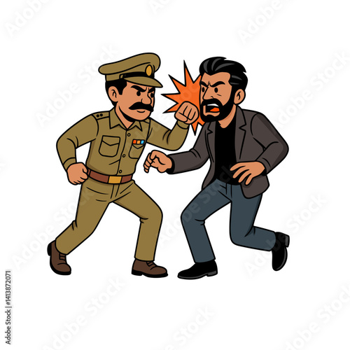 Vector illustration of a police officer punching a criminal, burglar in a heated fight, representing justice, courage, action, and law enforcement taking down crime