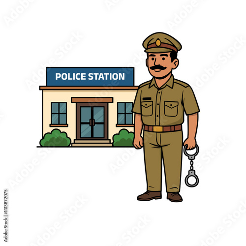 Vector illustration of an Indian police officer standing with handcuffs in front of a police station, representing law enforcement, justice, authority, and public service