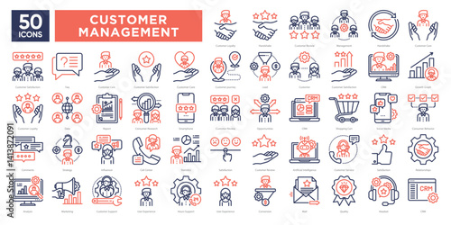Customer relationship management icons collection set, featuring support, loyalty, analytics, communication, and user experience. Ideal for CRM systems, marketing, and business tools.