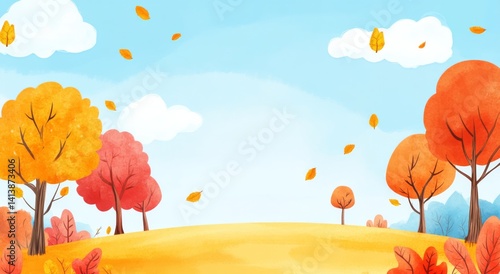 Autumn trees on the horizon under a bright blue sky in a cute cartoon style.