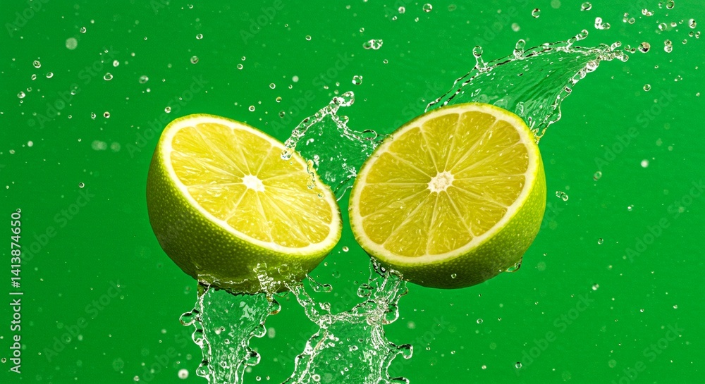 Two lime halves splashing in mid-air with water droplets Two lime halves splashing in mid-air with water droplets