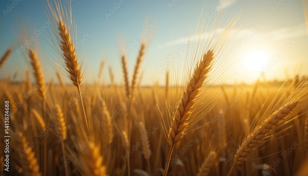 A close-up shot of golden wheat ears glistening in morning sun rays captures an agricultural field's serene harvest dance. A close-up shot of golden wheat ears glistening in morning sun rays captures an agricultural field's serene harvest dance.