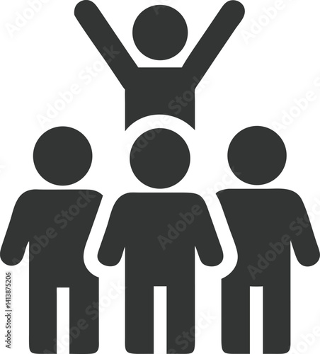 Teamwork Icon Silhouette of Group with Leader Raising Arms, Transparent Background