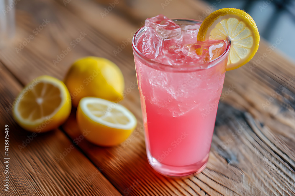 Glass of Pink Drink with Lemon on Wooden Table Glass of Pink Drink with Lemon on Wooden Table