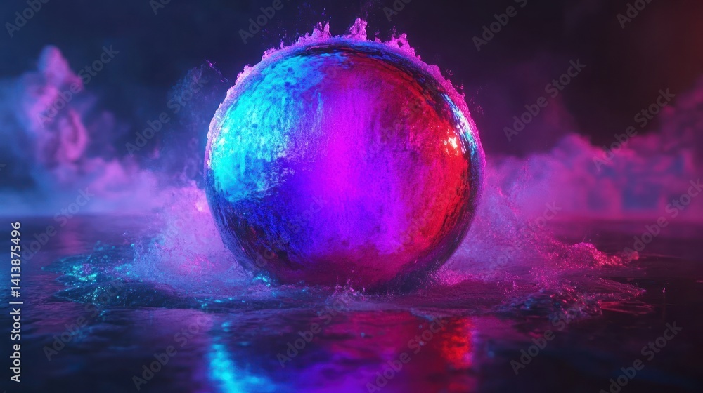 Obraz premium A vibrant sphere, emitting colorful light, surrounded by smoke and water